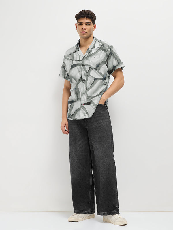 Cement Grey Line Printed Casual Shirt