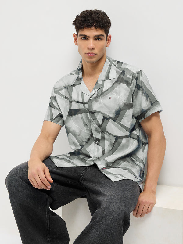 Cement Grey Line Printed Casual Shirt