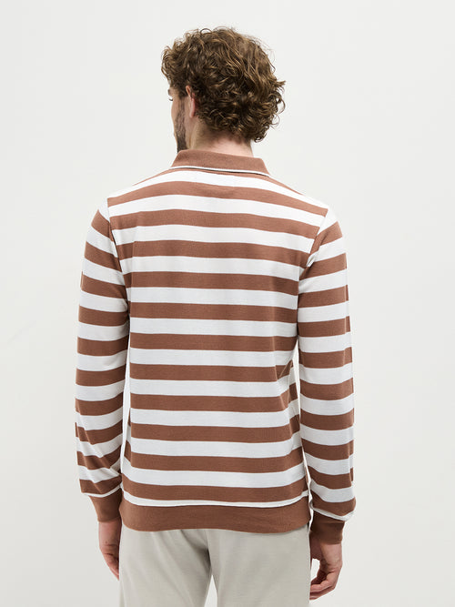 Mocha Textured Stripes Polo T Shirt