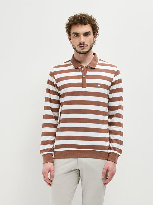 Mocha Textured Stripes Polo T Shirt