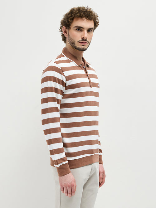 Mocha Textured Stripes Polo T Shirt