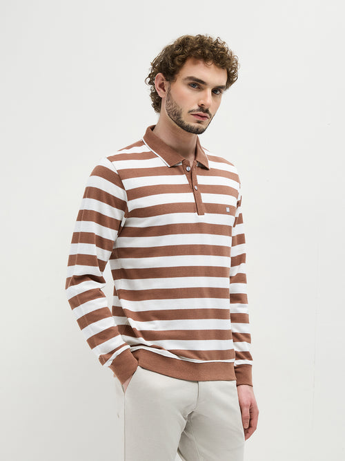 Mocha Textured Stripes Polo T Shirt