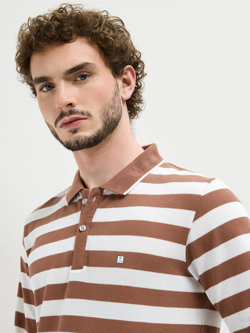 Mocha Textured Stripes Polo T Shirt