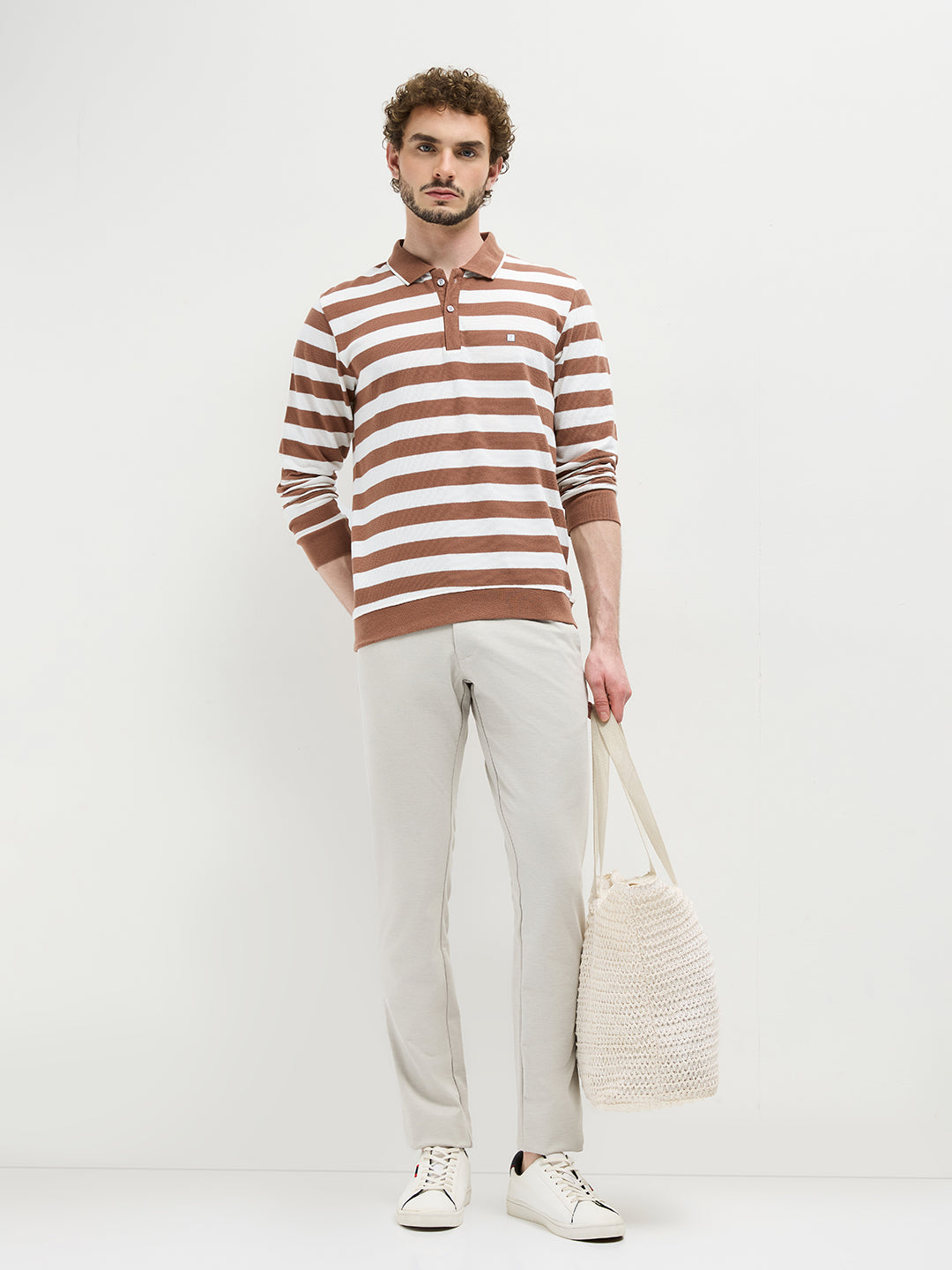 Mocha Textured Stripes Polo T Shirt