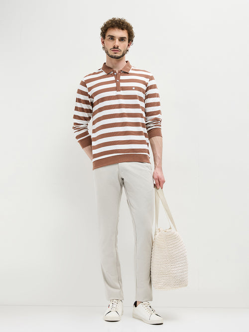 Mocha Textured Stripes Polo T Shirt