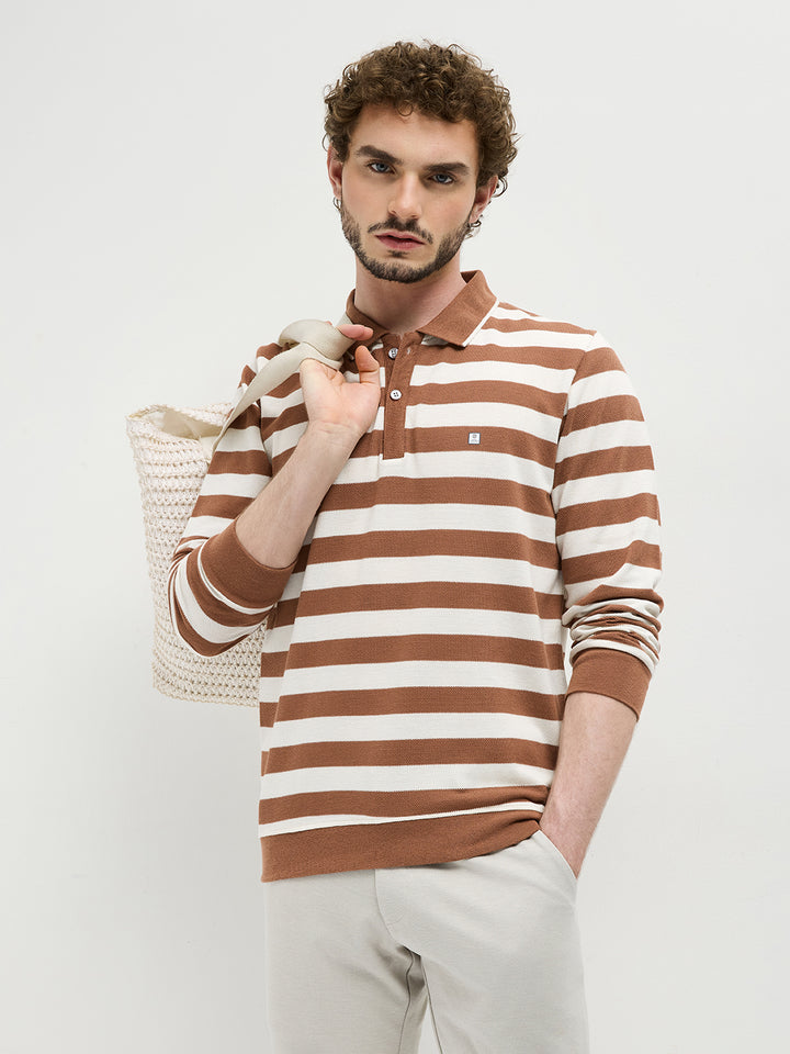 Mocha Textured Stripes Polo T Shirt