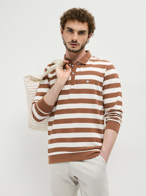 Mocha Textured Stripes Polo T Shirt