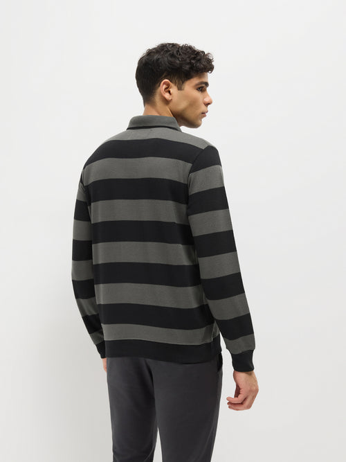 Steel Grey Stripes Polo T Shirt