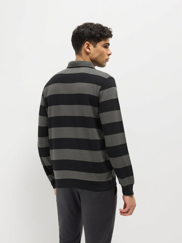 Steel Grey Stripes Polo T Shirt