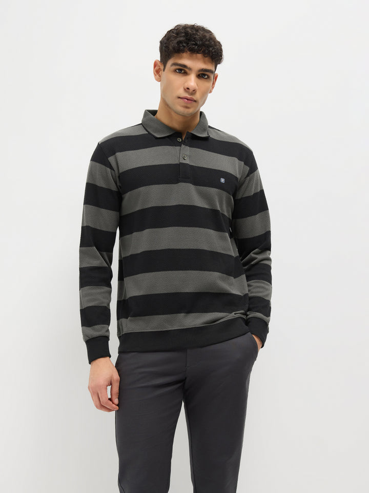 Steel Grey Stripes Polo T Shirt