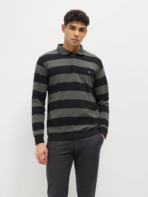 Steel Grey Stripes Polo T Shirt
