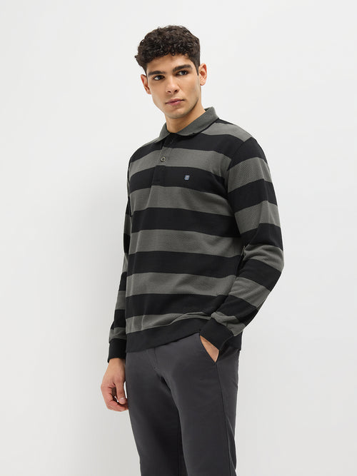 Steel Grey Stripes Polo T Shirt