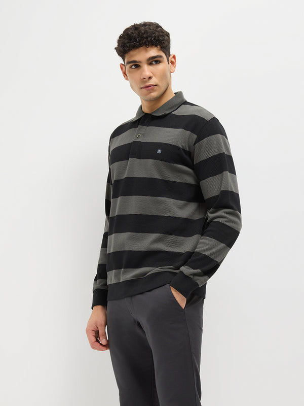 Steel Grey Stripes Polo T Shirt