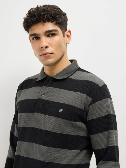 Steel Grey Stripes Polo T Shirt