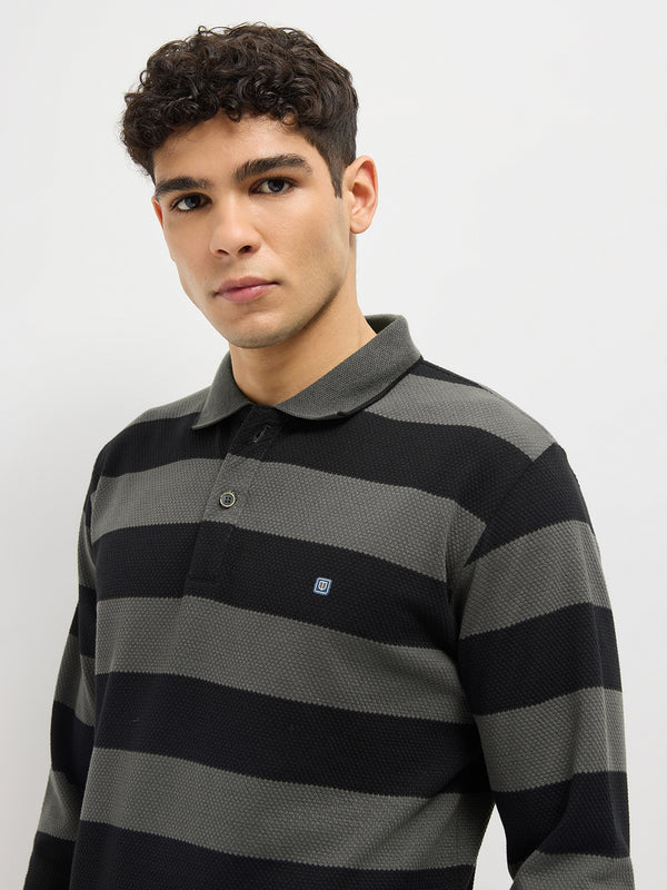 Steel Grey Stripes Polo T Shirt