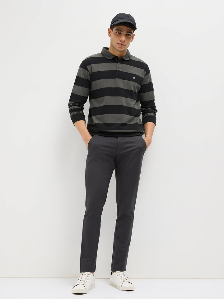 Steel Grey Stripes Polo T Shirt