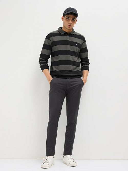 Steel Grey Stripes Polo T Shirt