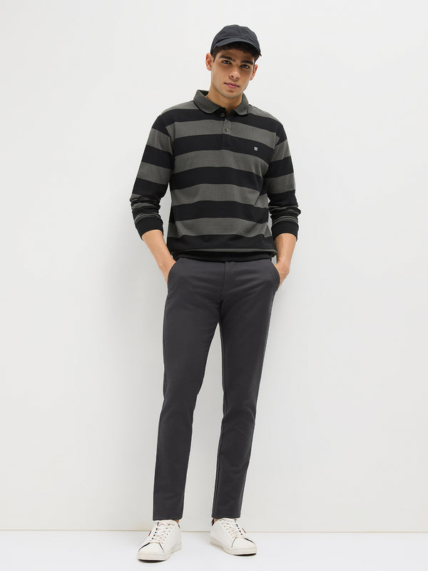 Steel Grey Stripes Polo T Shirt