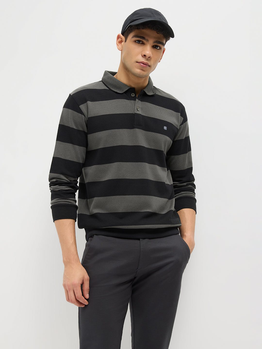 Steel Grey Stripes Polo T Shirt