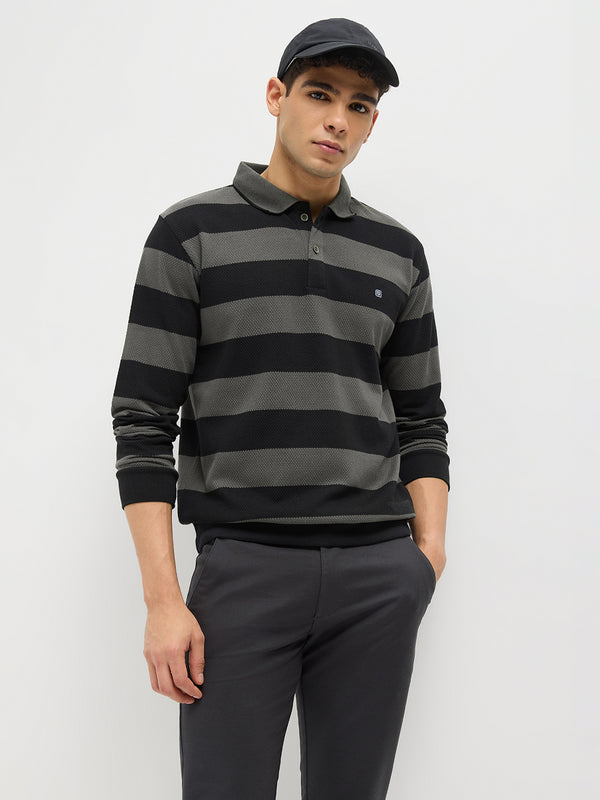 Steel Grey Stripes Polo T Shirt