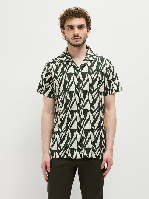 Olive Green Geometric Printed Casual Shirt