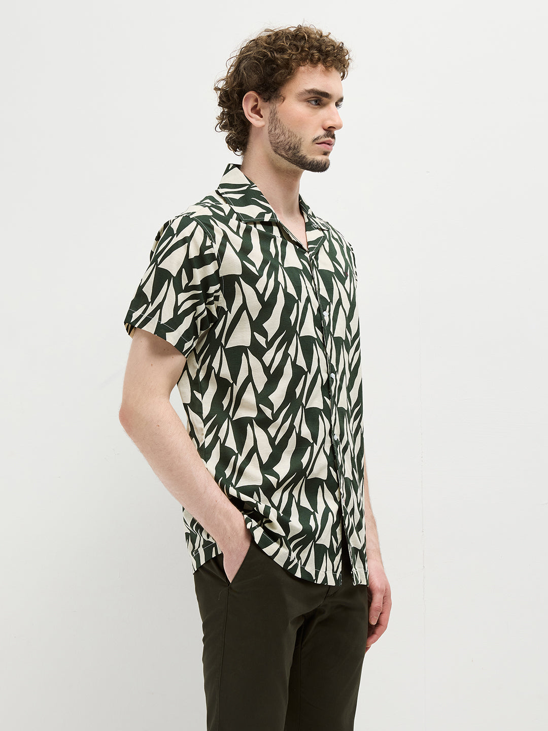 Olive Green Geometric Printed Casual Shirt