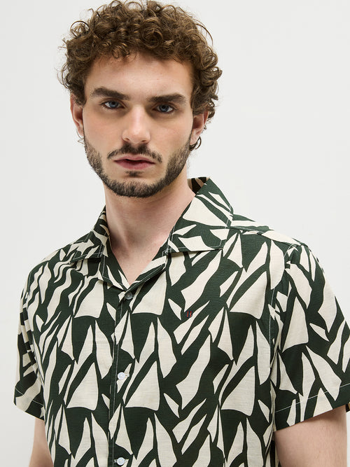 Olive Green Geometric Printed Casual Shirt
