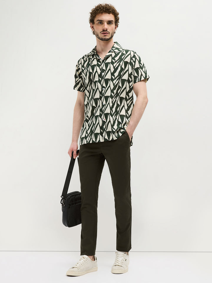 Olive Green Geometric Printed Casual Shirt