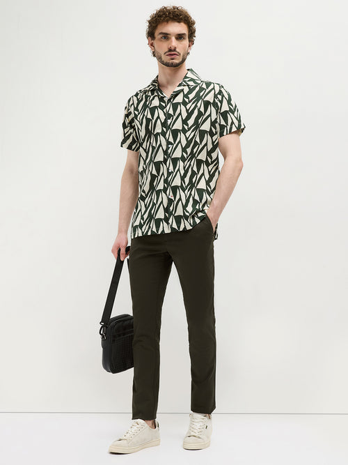 Olive Green Geometric Printed Casual Shirt