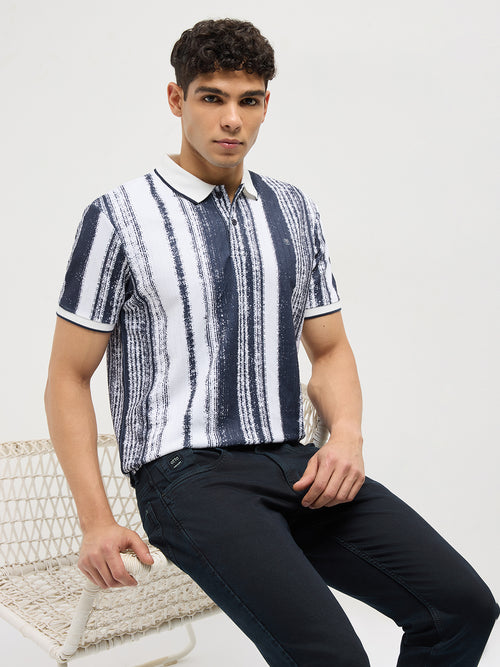 Ink Blue Stripes Polo T Shirt