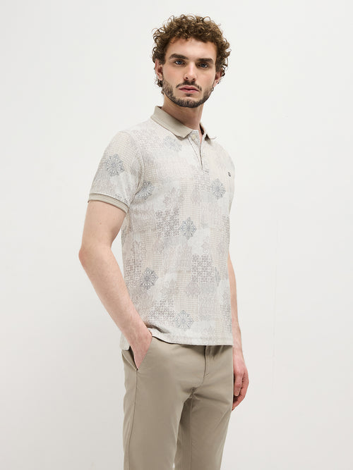 Beige Digital Printed Polo T Shirt
