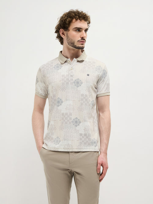 Beige Digital Printed Polo T Shirt