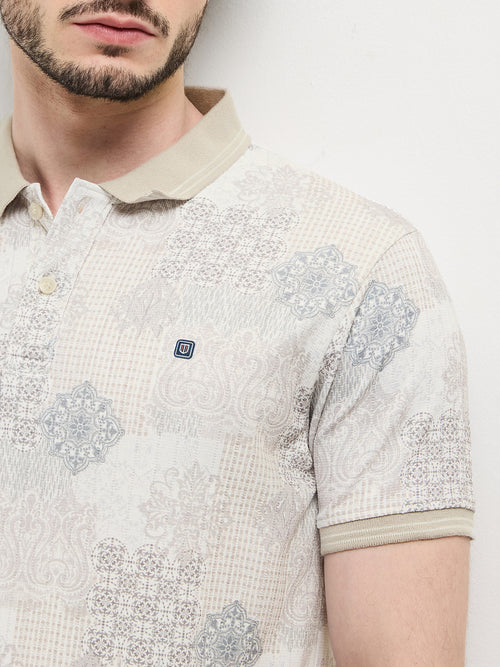 Beige Digital Printed Polo T Shirt