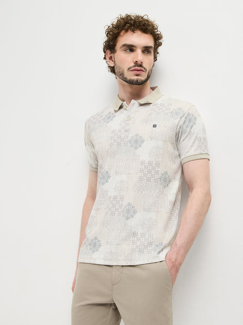 Beige Digital Printed Polo T Shirt
