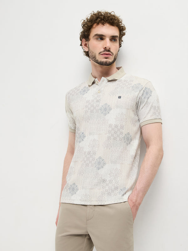 Beige Digital Printed Polo T Shirt
