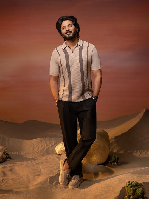 Beige Stripes Polo T Shirt