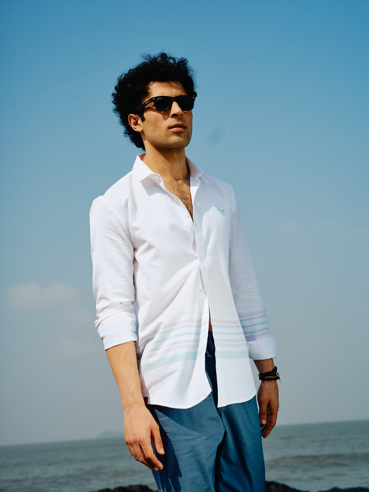 Moon White Panel Stripes Urban Casual Shirt