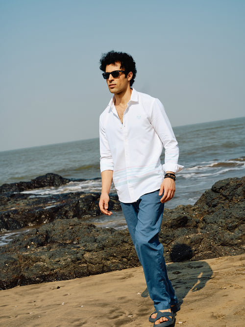 Moon White Panel Stripes Urban Casual Shirt