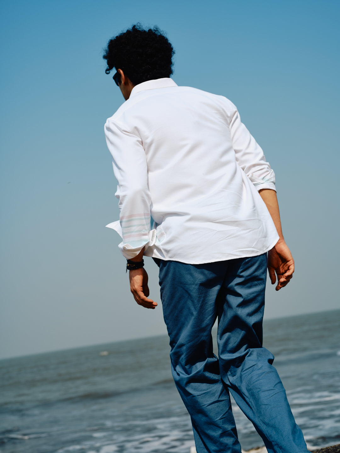 Moon White Panel Stripes Urban Casual Shirt