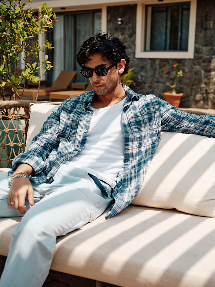 Deep Blue Checked Casual Shirt