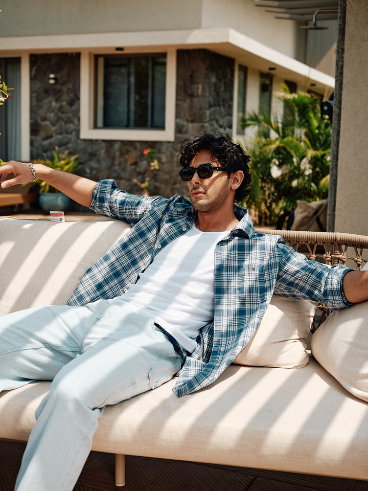 Deep Blue Checked Casual Shirt