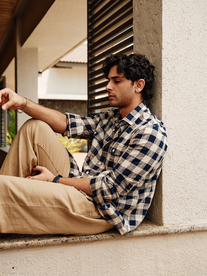 Navy Blue Checked Casual Shirt With Dual Pockets