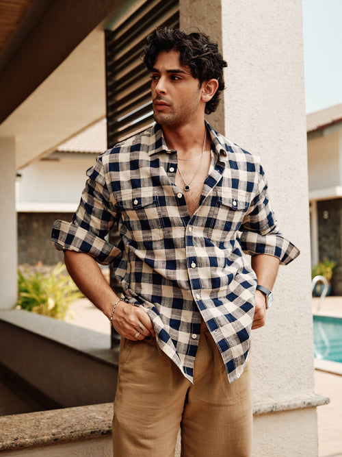 Navy Blue Checked Casual Shirt With Dual Pockets