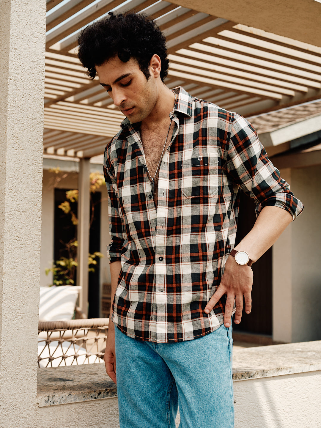Rust Orange and Black Checked Casual Shirt