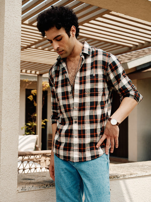 Rust Orange and Black Checked Casual Shirt