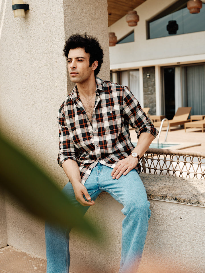 Rust Orange and Black Checked Casual Shirt