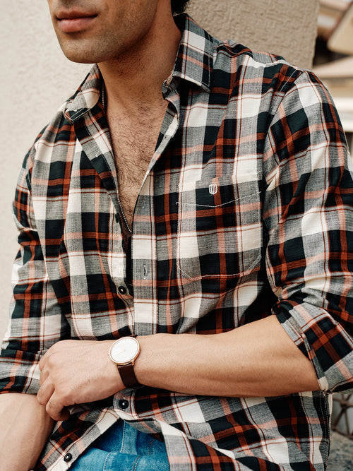 Rust Orange and Black Checked Casual Shirt