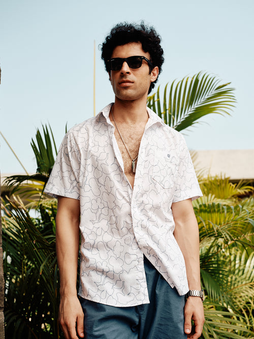Ink Blue and White Abstract Line Printed Casual Shirt