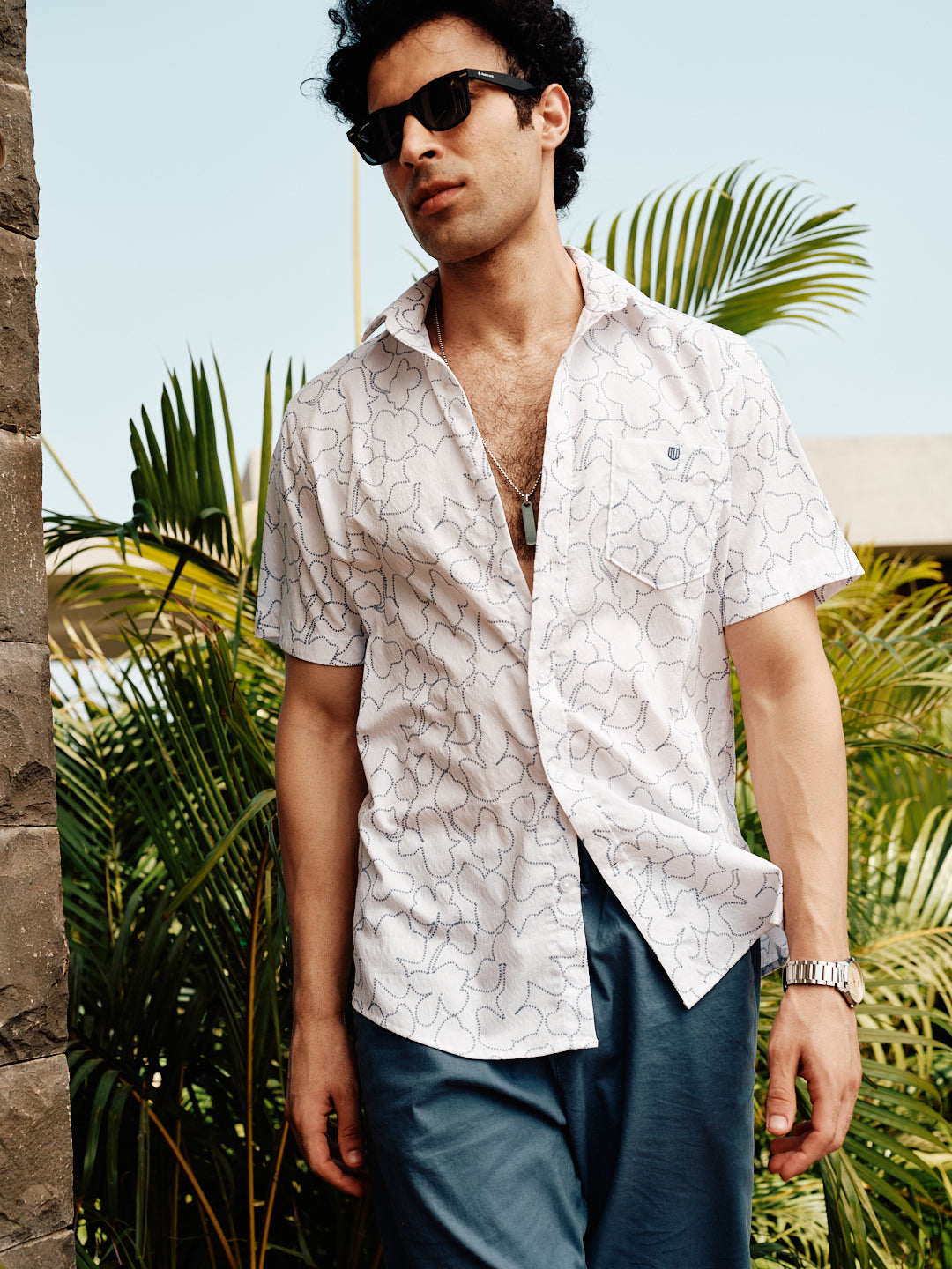 Ink Blue and White Abstract Line Printed Casual Shirt
