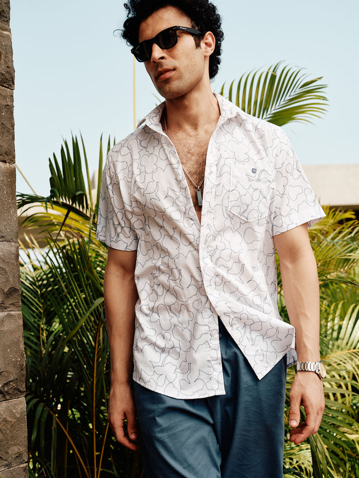 Ink Blue and White Abstract Line Printed Casual Shirt